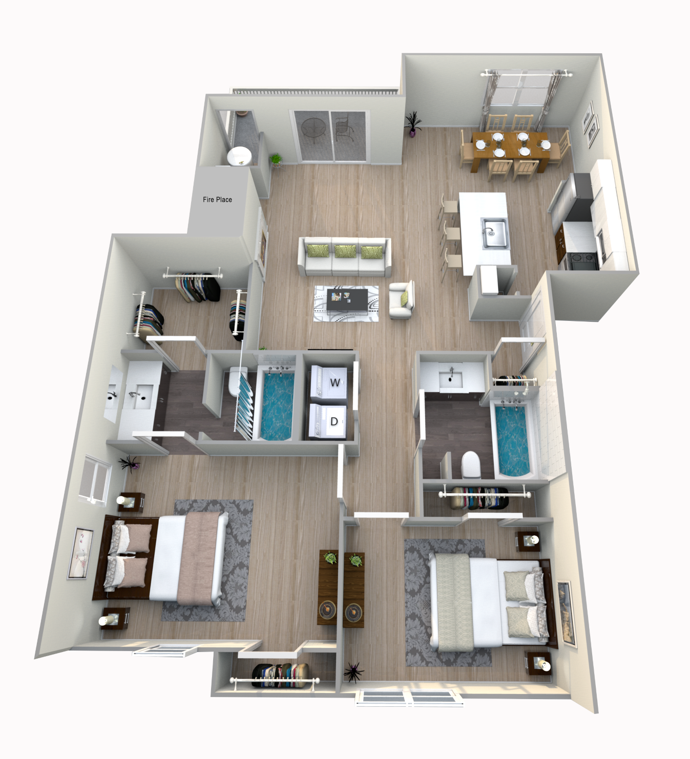 Floor plan for 2 beds, 2 baths, 1025 sqft